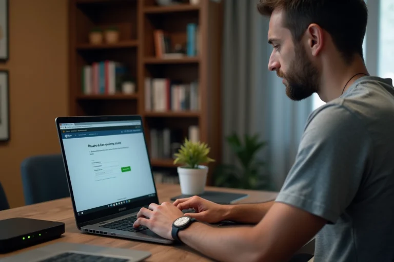 Homme configurant l'interface d'administration de sa Freebox depuis un ordinateur portable sur un bureau en bois