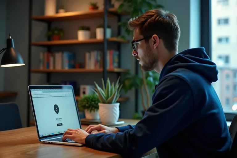 Homme accédant à un site web via un VPN sur son ordinateur portable dans un bureau à domicile