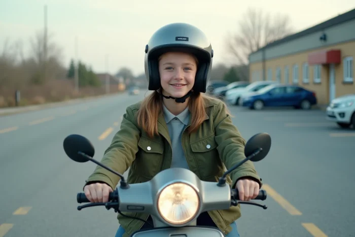 Adolescente en scooter lors d'une séance pratique de formation BSR dans un parking suburban