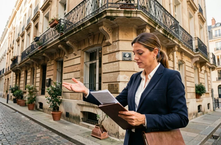 Agent immobilière professionnelle évaluant un appartement haussmannien à Lyon pour estimer un loyer