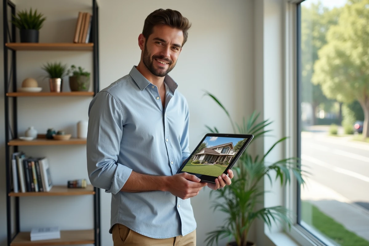Jeune agent immobilier montrant une visite virtuelle sur une tablette dans un bureau lumineux