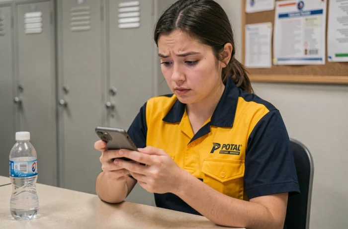 Agente postale en uniforme consultant son smartphone pour valider son authentification sur le portail GTM extranet La Poste