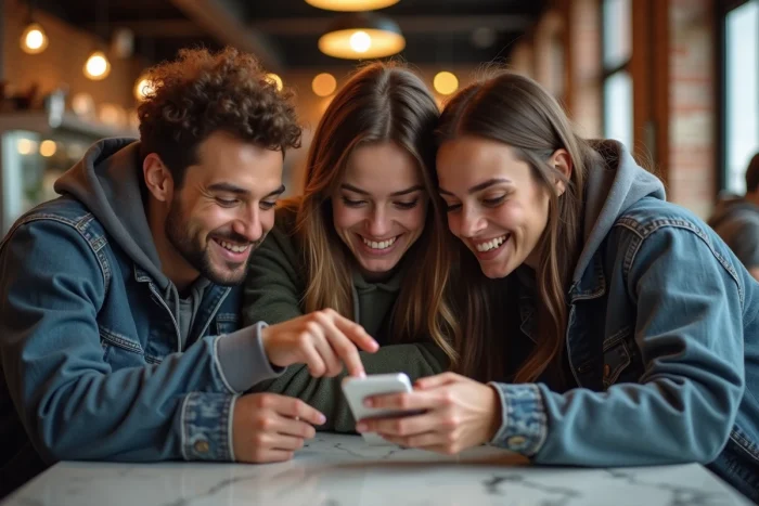 Groupe d'amis consultant une cagnotte en ligne sur smartphone dans un café urbain