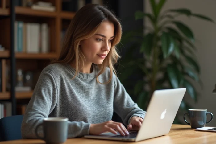 Femme arrêtant la synchronisation Google Drive sur un MacBook dans un bureau à domicile moderne