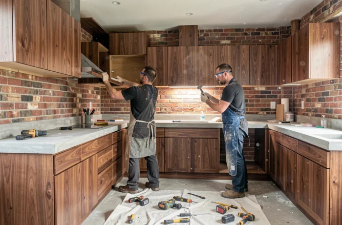 Artisans installant des meubles de cuisine en noyer sur mesure lors d'une rénovation complète avec mur en briques apparentes