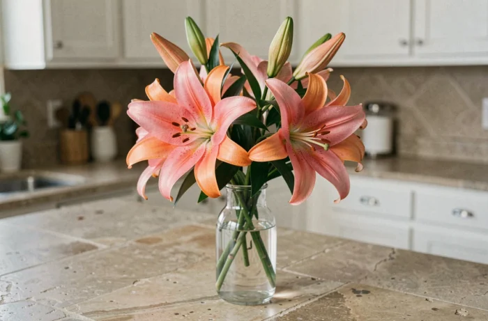 Bouquet de lys roses et oranges dans un vase en verre sur un comptoir de cuisine, comparaison entre un lys avec pistil et un lys sans étamines