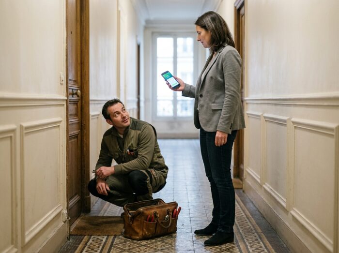 Cliente montrant son application de paiement mobile à un serrurier à domicile dans un couloir d'immeuble parisien haussmannien