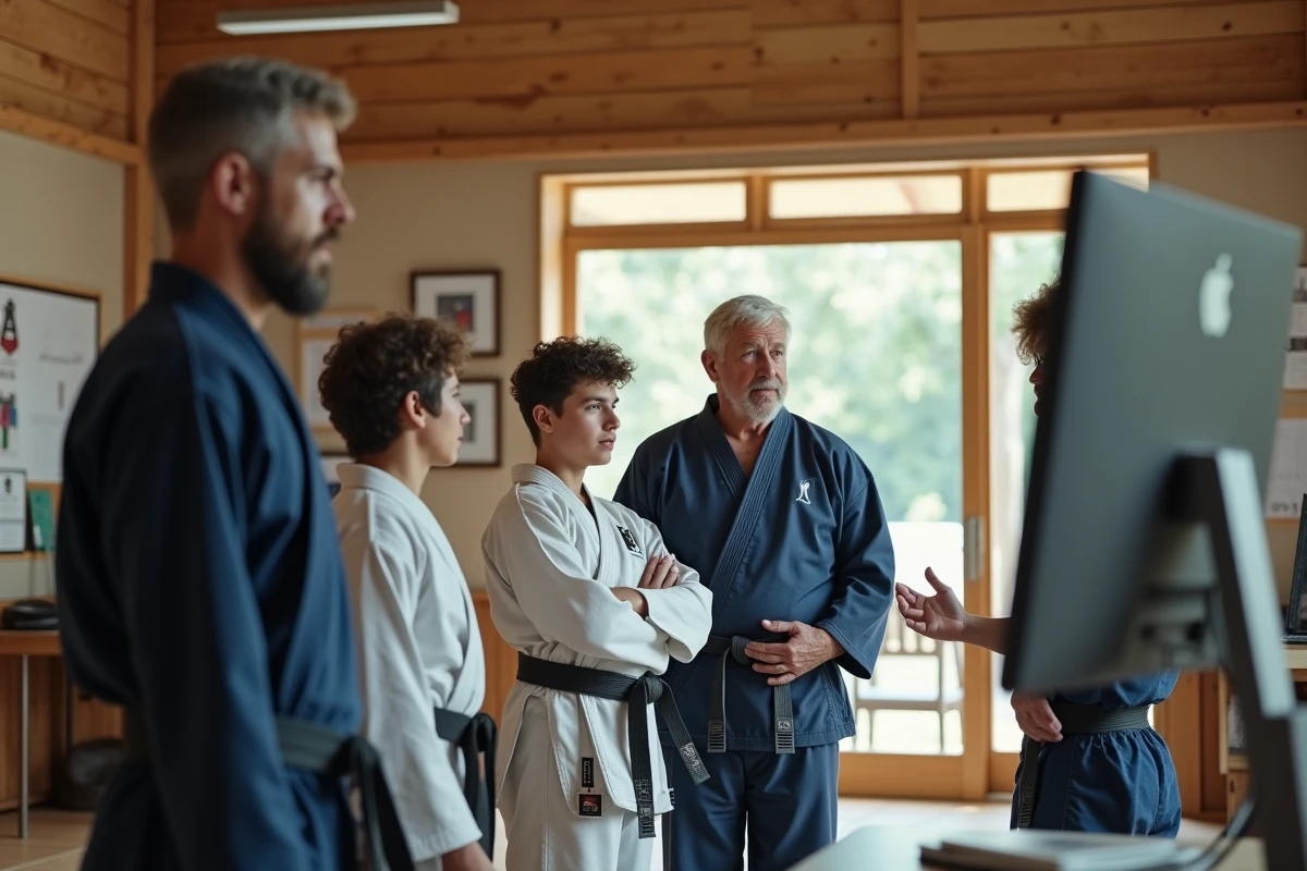 Entraineur de judo avec des jeunes dans un dojo