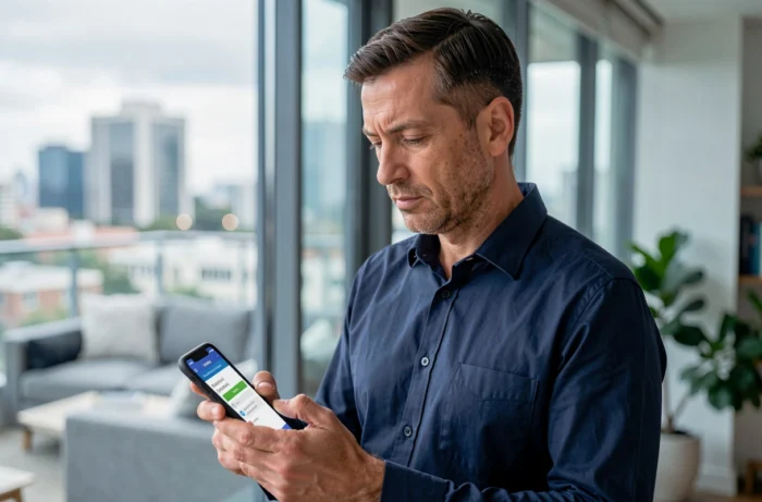 Homme comparant des solutions de crédit rapide sur son smartphone dans un appartement moderne en ville