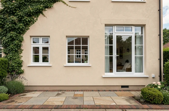 Façade de maison résidentielle montrant plusieurs fenêtres de chambre aux dimensions standard différentes pour comparaison visuelle
