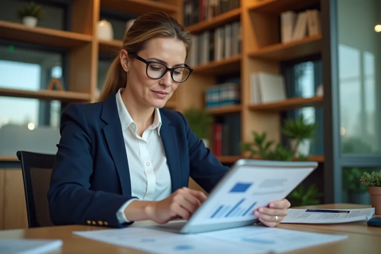 Comptable féminine analysant des documents financiers et des concepts de logo sur tablette dans un bureau professionnel
