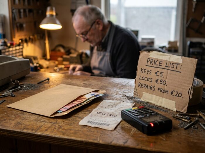 Gros plan sur un comptoir de serrurerie artisanale avec billets en espèces, reçu de carte refusée et terminal de paiement, serrurier en arrière-plan