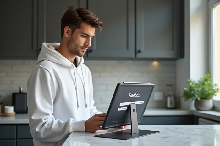 Jeune homme consultant l'interface de connexion Freebox sur une tablette posée dans une cuisine moderne