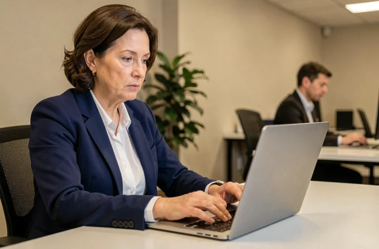 Employée de La Poste se connectant de manière sécurisée au portail extranet GTM sur son ordinateur portable au bureau