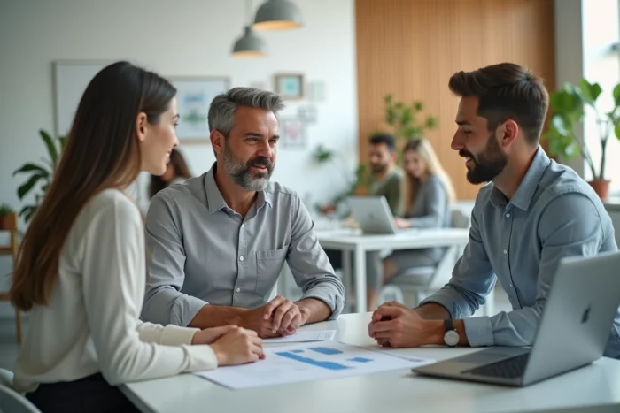Conseiller immobilier présentant des solutions de location commerciale à un couple d'entrepreneurs dans un espace de coworking