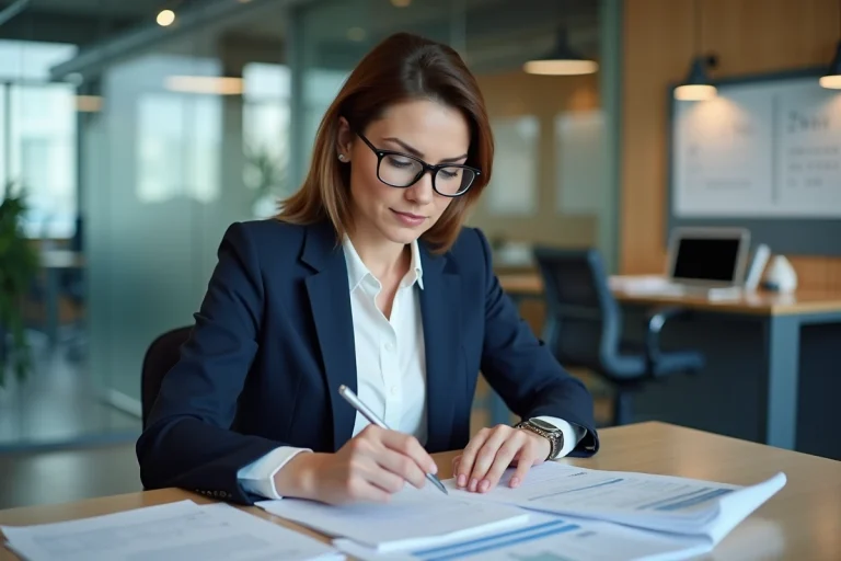 Conseillère bancaire analysant des tableaux de calcul différentiel et d'amortissement de prêt dans un bureau moderne
