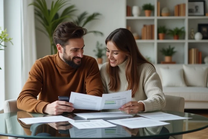 Couple consultant des documents financiers et une application bancaire sur smartphone dans un salon scandinave