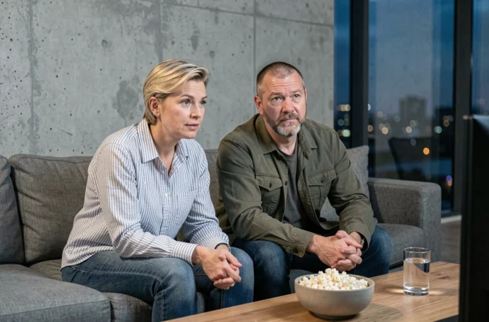 Couple regardant ensemble un documentaire dans un appartement moderne avec vue sur la ville