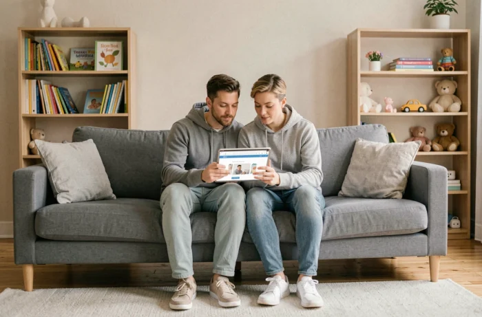 Couple explorant ensemble le plan du site Babybloom sur une tablette dans un salon familial moderne