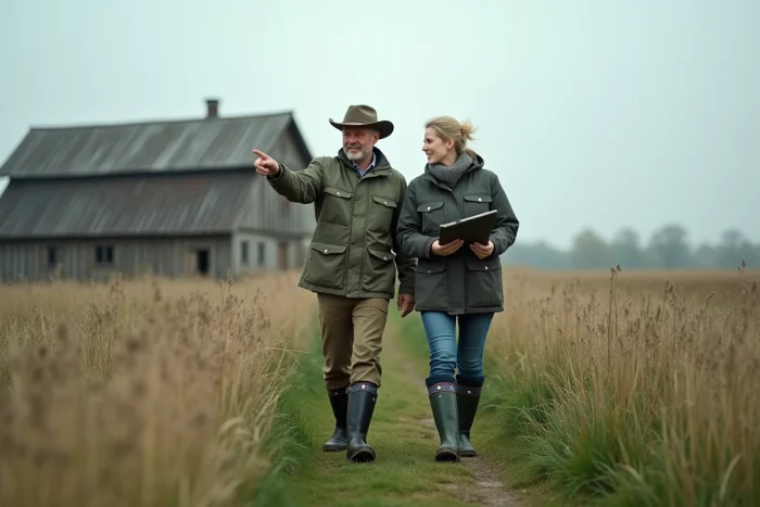 Couple inspectant un grand terrain agricole avec documents fonciers pour s'installer en autonomie
