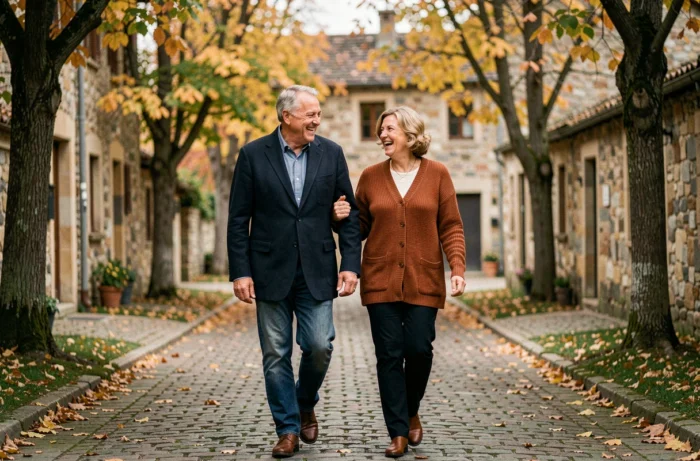 Couple de retraités se promenant sereinement dans un village en automne profitant de leur retraite