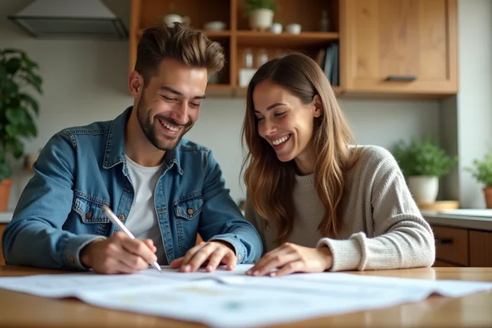 Couple souriant signant des documents dans une cuisine lumineuse