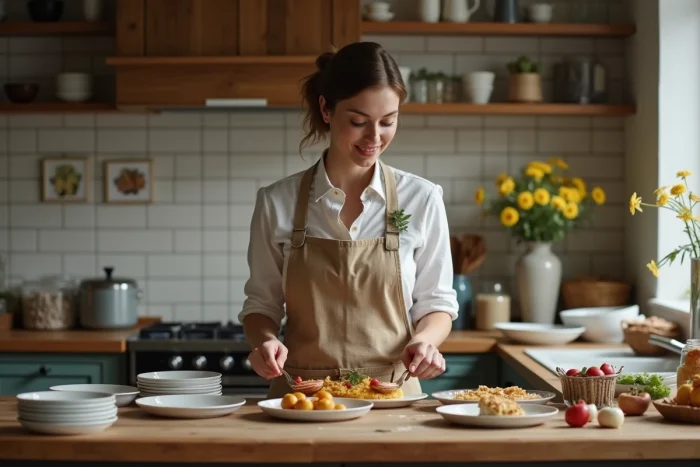 Femme arrangeant des assiettes dans une cuisine chaleureuse