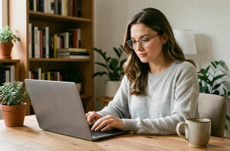 Femme utilisant un ordinateur portable pour faire une demande de crédit en ligne depuis son bureau à domicile