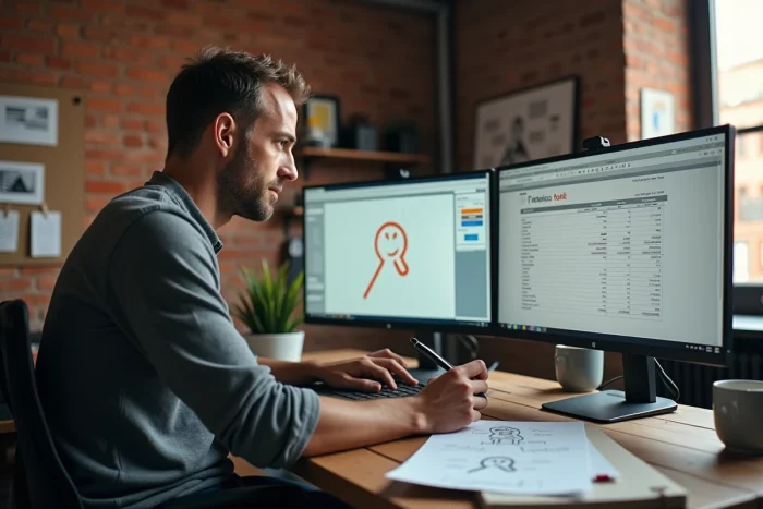 Designer graphique travaillant sur la création d'un logo et la facturation dans un studio créatif avec mur en brique