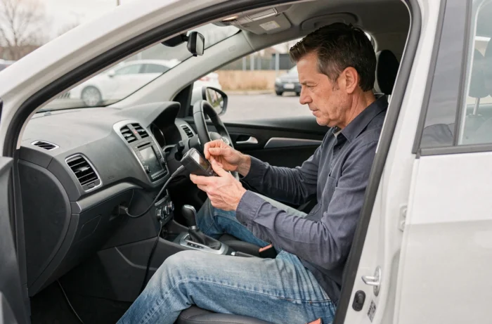 Conducteur utilisant un scanner OBD2 pour diagnostiquer la boîte automatique EAT8 dans l'habitacle d'une voiture moderne