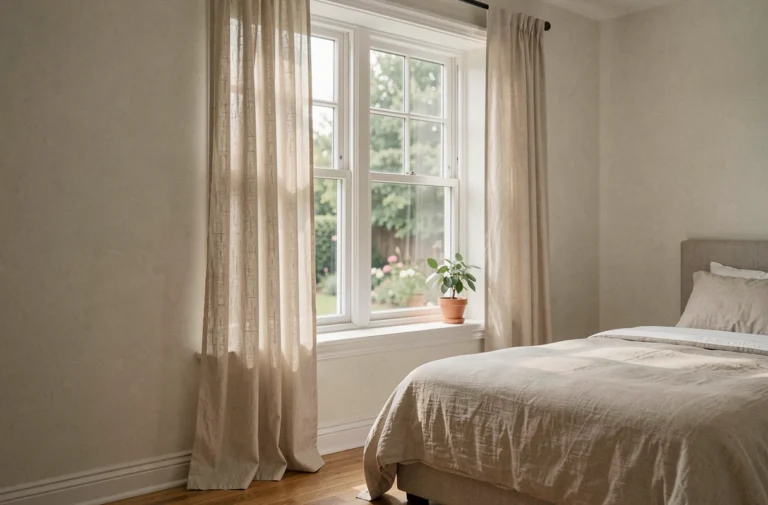 Fenêtre standard de chambre à coucher avec cadre en bois blanc et rideaux en lin, illustrant les dimensions recommandées pour une pièce confortable