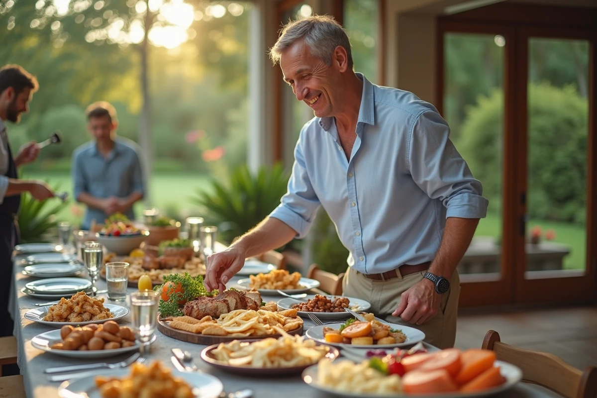 Homme souriant préparant un repas dans une véranda lumineuse