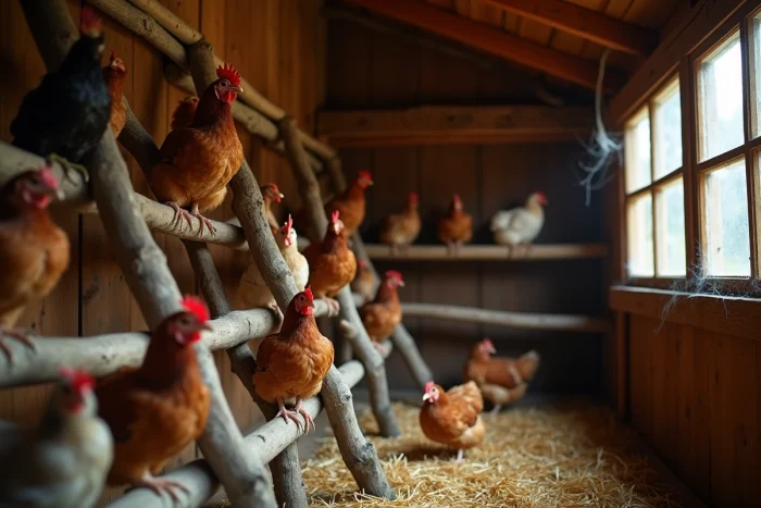 Échelle en bois naturel installée dans un poulailler rustique avec des poules perchées à différentes hauteurs