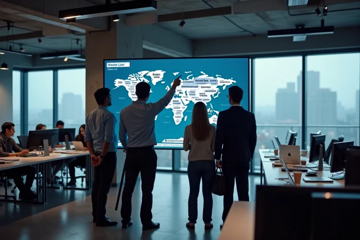 Équipe de journalistes analysant des informations mondiales dans une salle de rédaction moderne