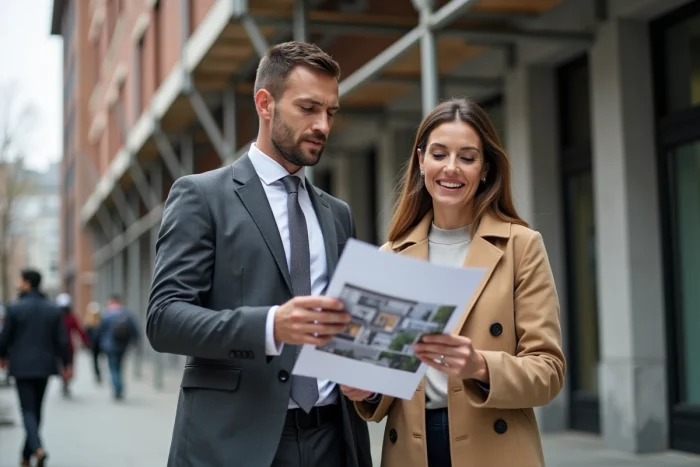 Deux professionnels évaluant un immeuble commercial en rénovation pour un investissement immobilier d'entreprise