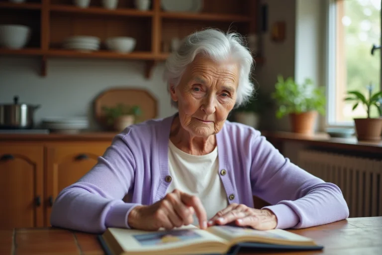 Femme de 95 ans feuilletant un album photo de famille dans une cuisine française traditionnelle