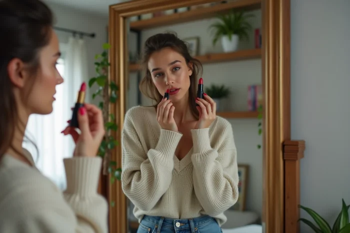 Femme appliquant un rouge à lèvres dans sa chambre cosy