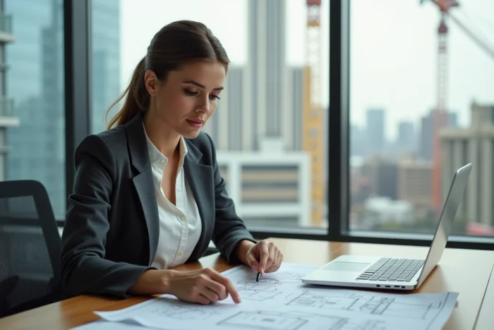 Femme confiante en blazer examine des plans architecturaux
