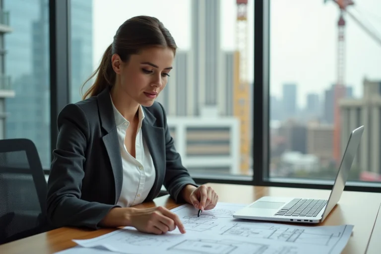 Femme confiante en blazer examine des plans architecturaux