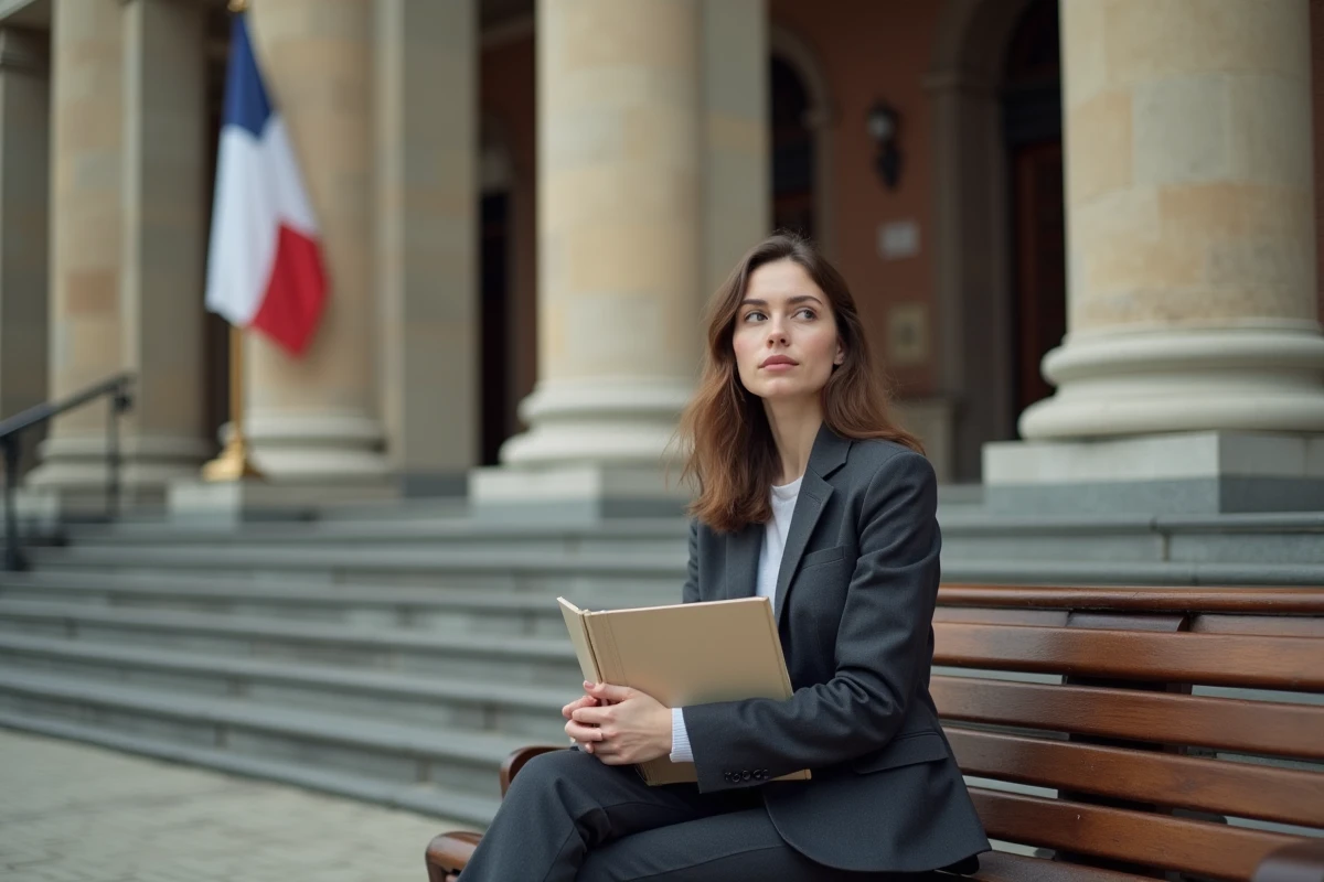 Jeune femme assise devant la mairie avec un dossier