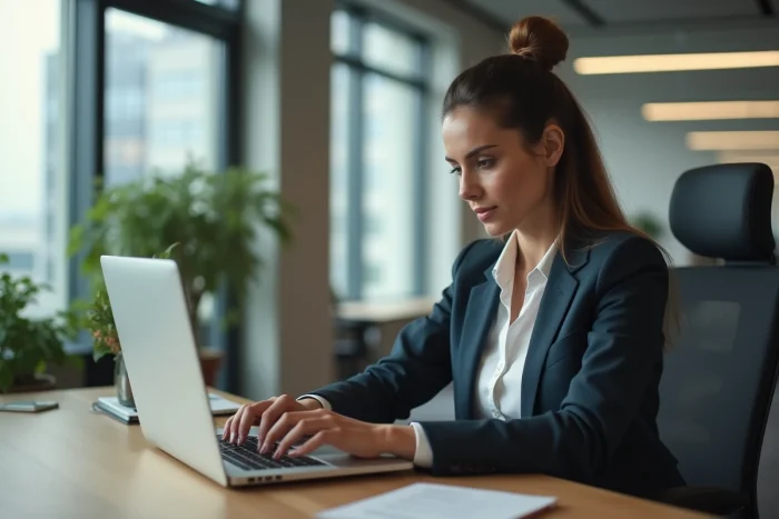 Femme professionnelle utilisant une assistante digitale au bureau