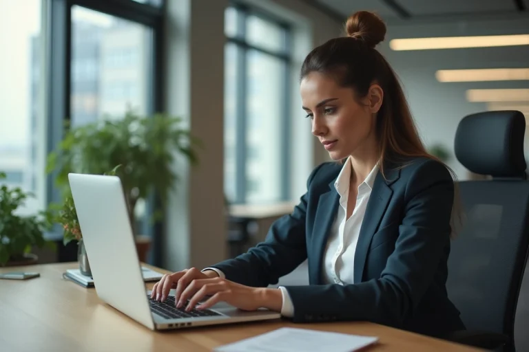 Femme professionnelle utilisant une assistante digitale au bureau