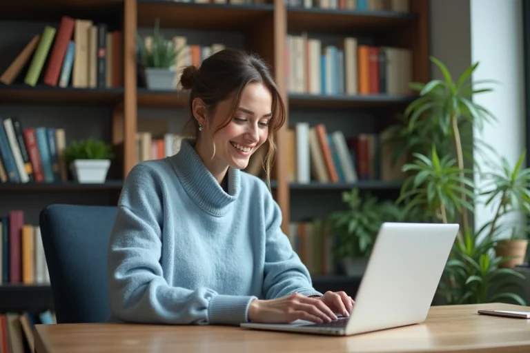 Femme souriante travaillant sur son ordinateur dans un bureau cosy