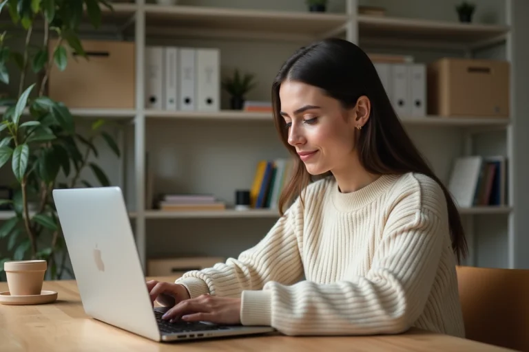 Femme au bureau regardant son ordinateur portable