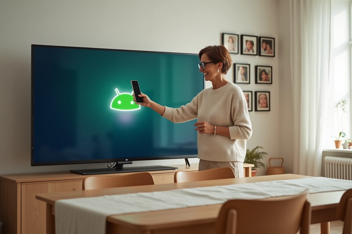 Femme utilisant son smartphone pour caster sur une TV Android