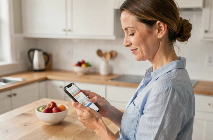 Femme consultant le plan du site Babybloom sur smartphone dans une cuisine moderne et lumineuse