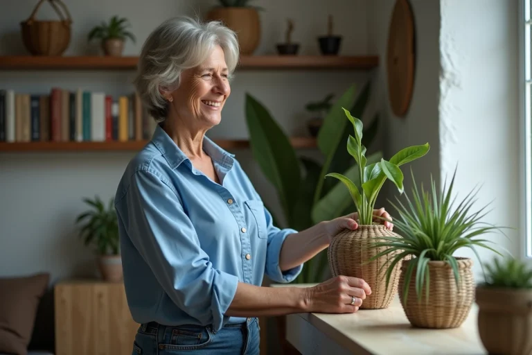 Femme ajustant une plante décorative dans un salon moderne