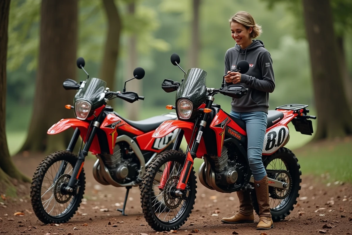 Femme en enduro ajustant ses gants près de deux motos