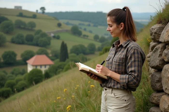 Femme évaluant un terrain en pente avec arbres fruitiers pour un projet de vie autonome à la campagne