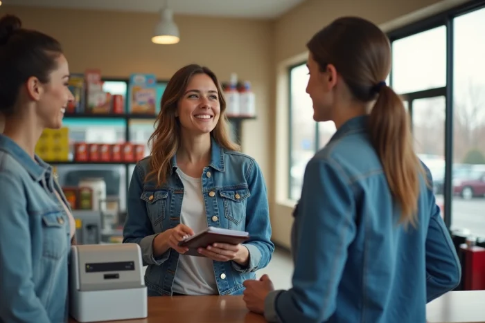 Femme en denim au comptoir d'une station essence